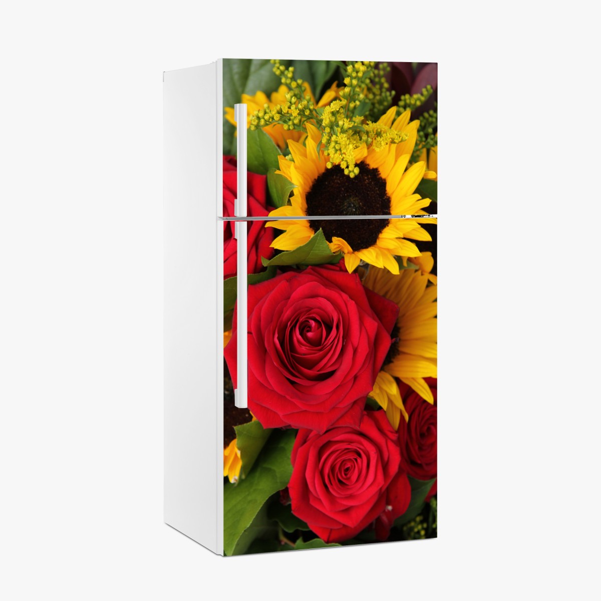 Kühlschrankaufkleber rote rosen und sonnenblumen im bukett – Wallnifity®