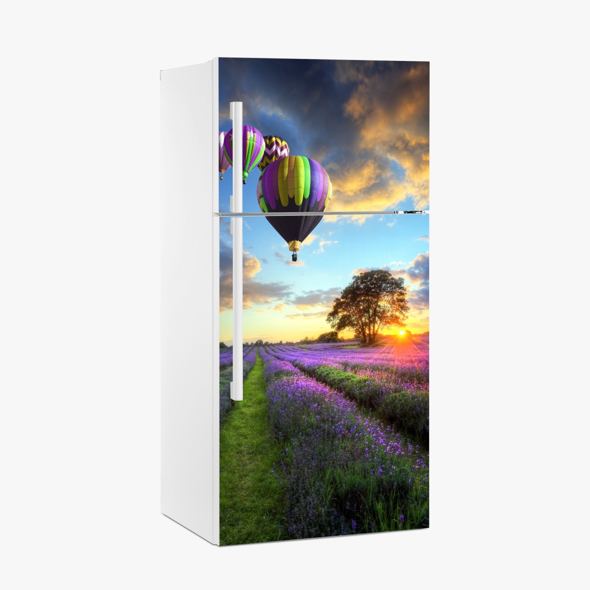 Kühlschrankaufkleber lavendersonnenuntergang mit bunten heißluftballons – Wallnifity®