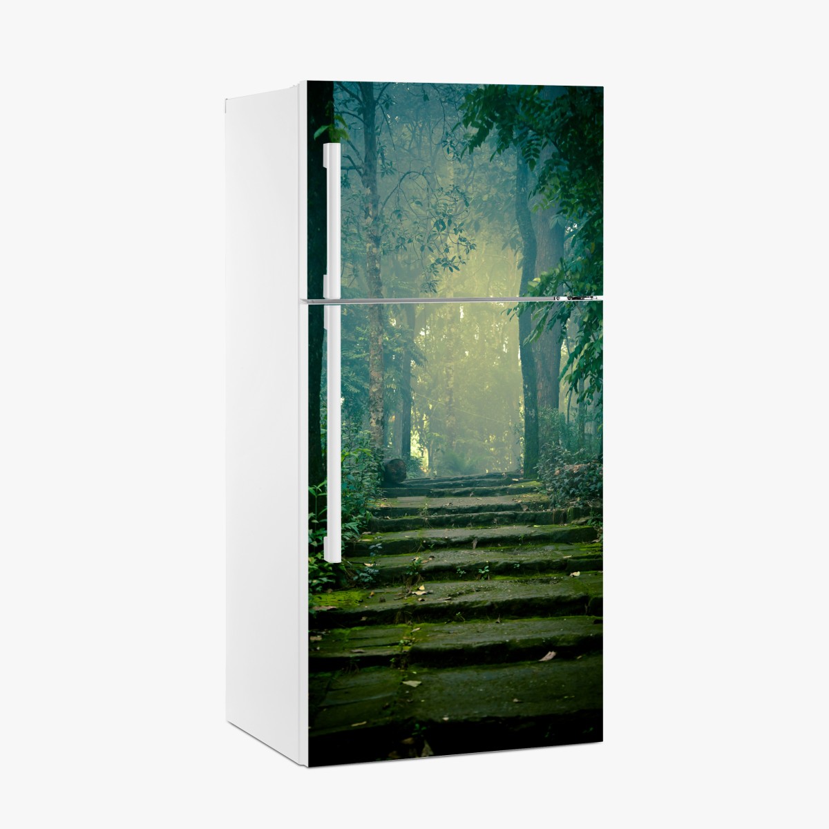 Kühlschrankaufkleber moosbedeckte steintreppe in den nebligen wald – Wallnifity®