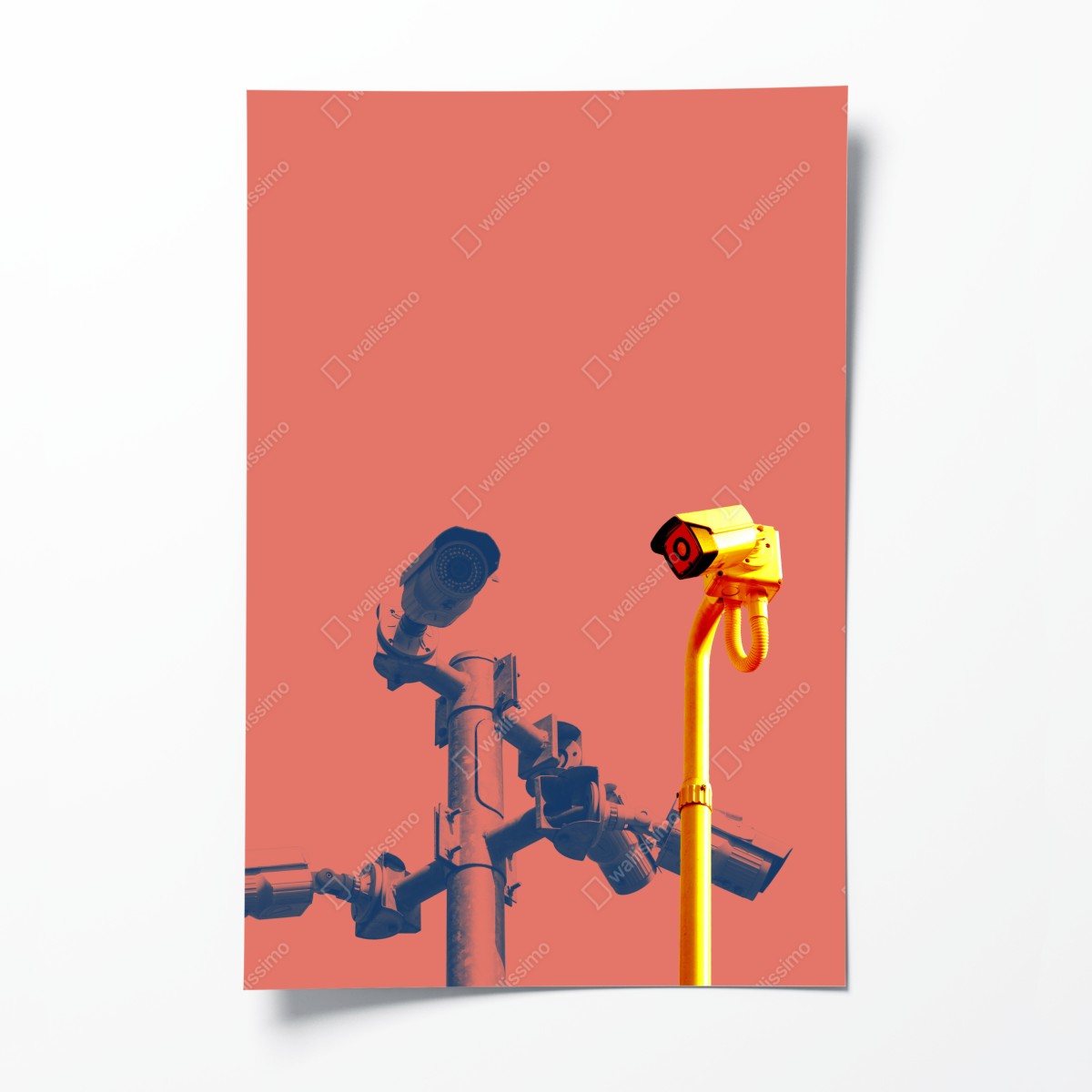Poster duotone überwachungskameras auf korallenfarbenem hintergrund – Wallnifity®