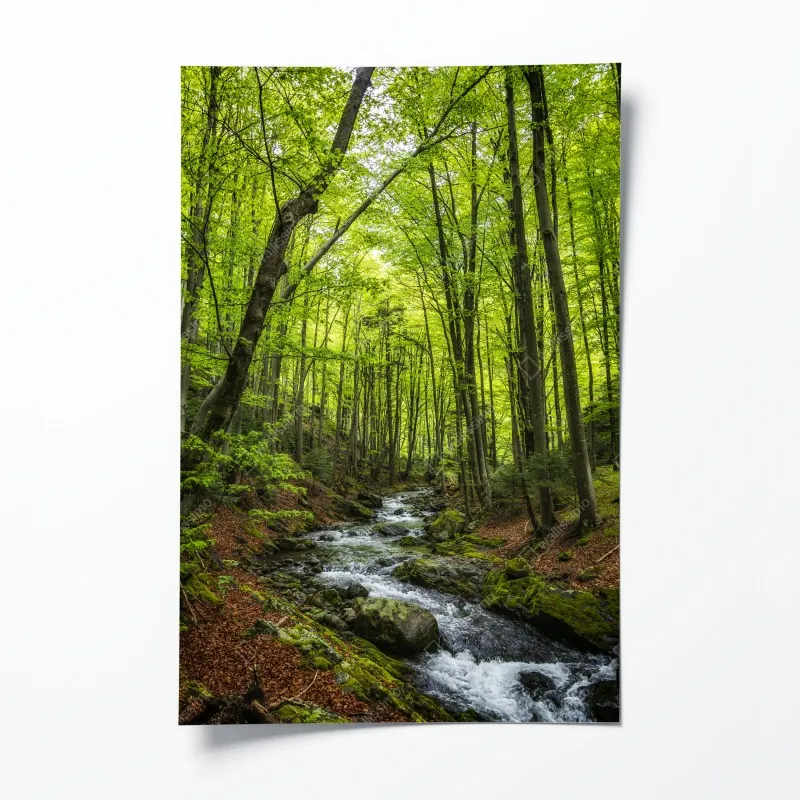 Poster moosiger wald mit bach im nebel – Wallnifity®