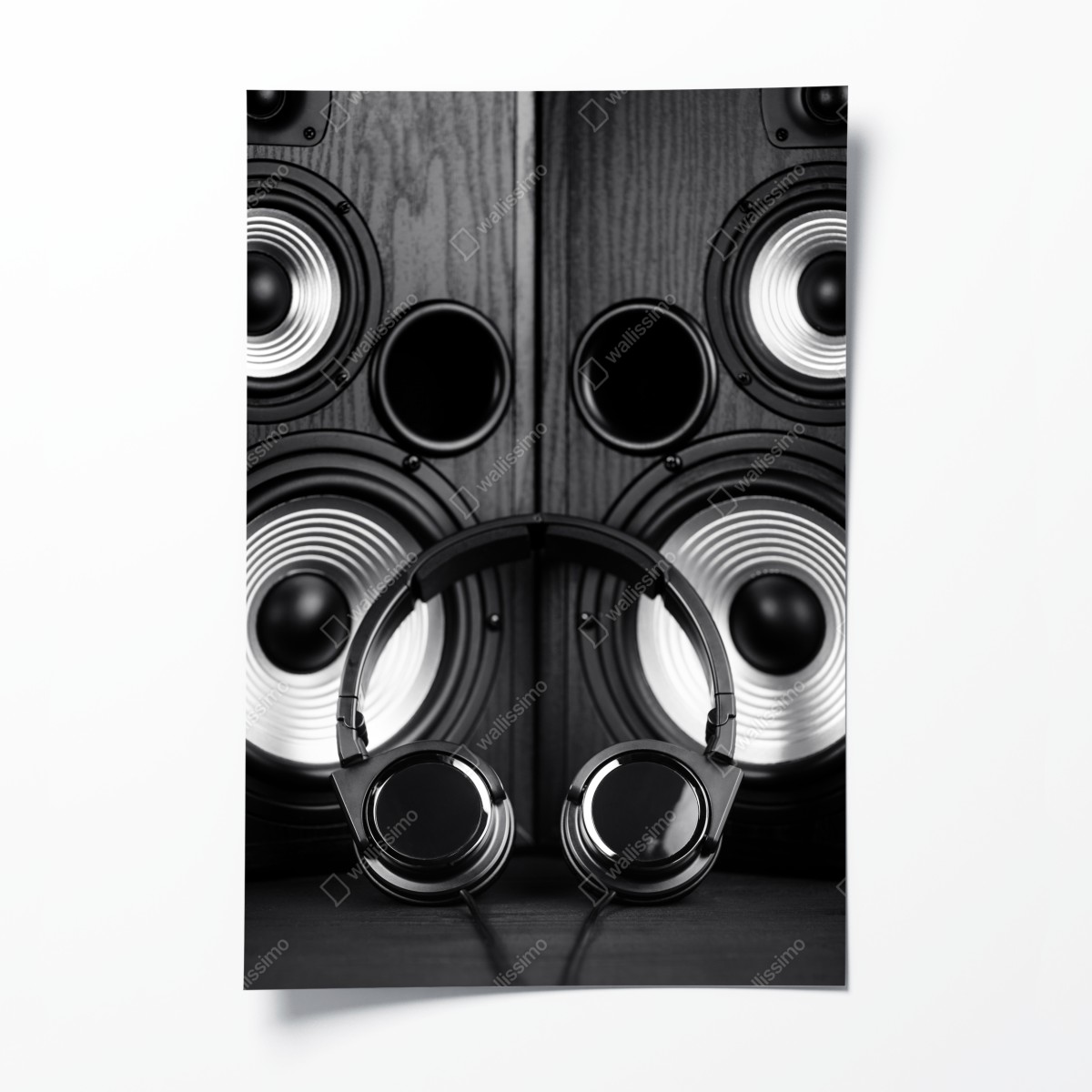 Poster monochromes audio-ensemble mit kopfhörern und lautsprechern – Wallnifity®