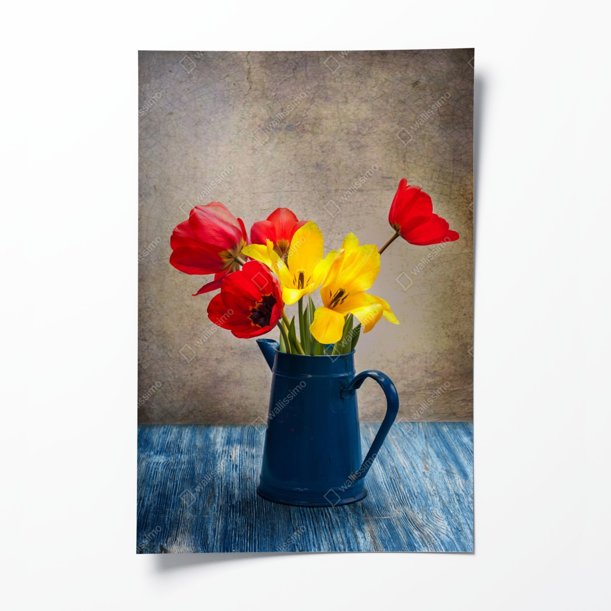 Poster bunter tulpenstrauß im blauen krug – Wallnifity®