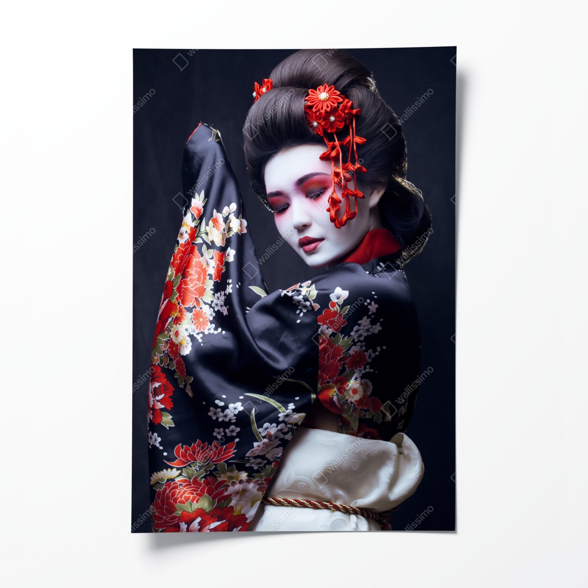 Poster elegantes geisha-porträt in rotem und schwarzem kimono – Wallnifity®