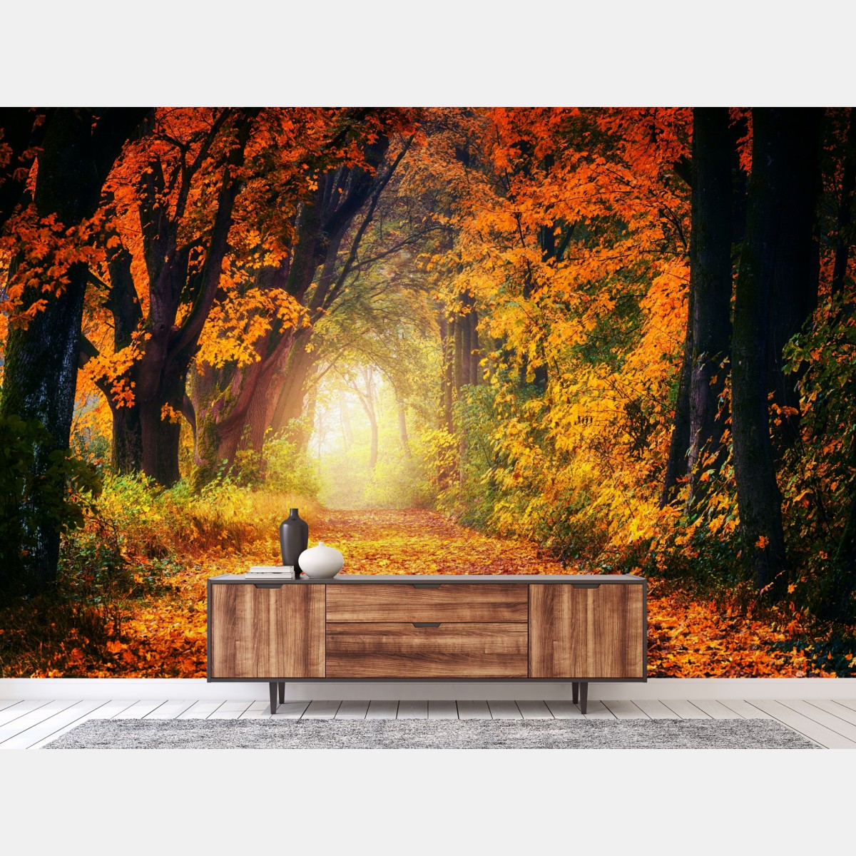 Fototapete herbstlicher waldpfad im goldenen licht – Wallnifity®