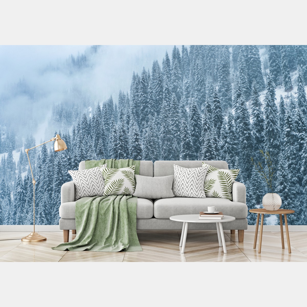 Fototapete nebeliger schneebedeckter kiefernwald – Wallnifity®