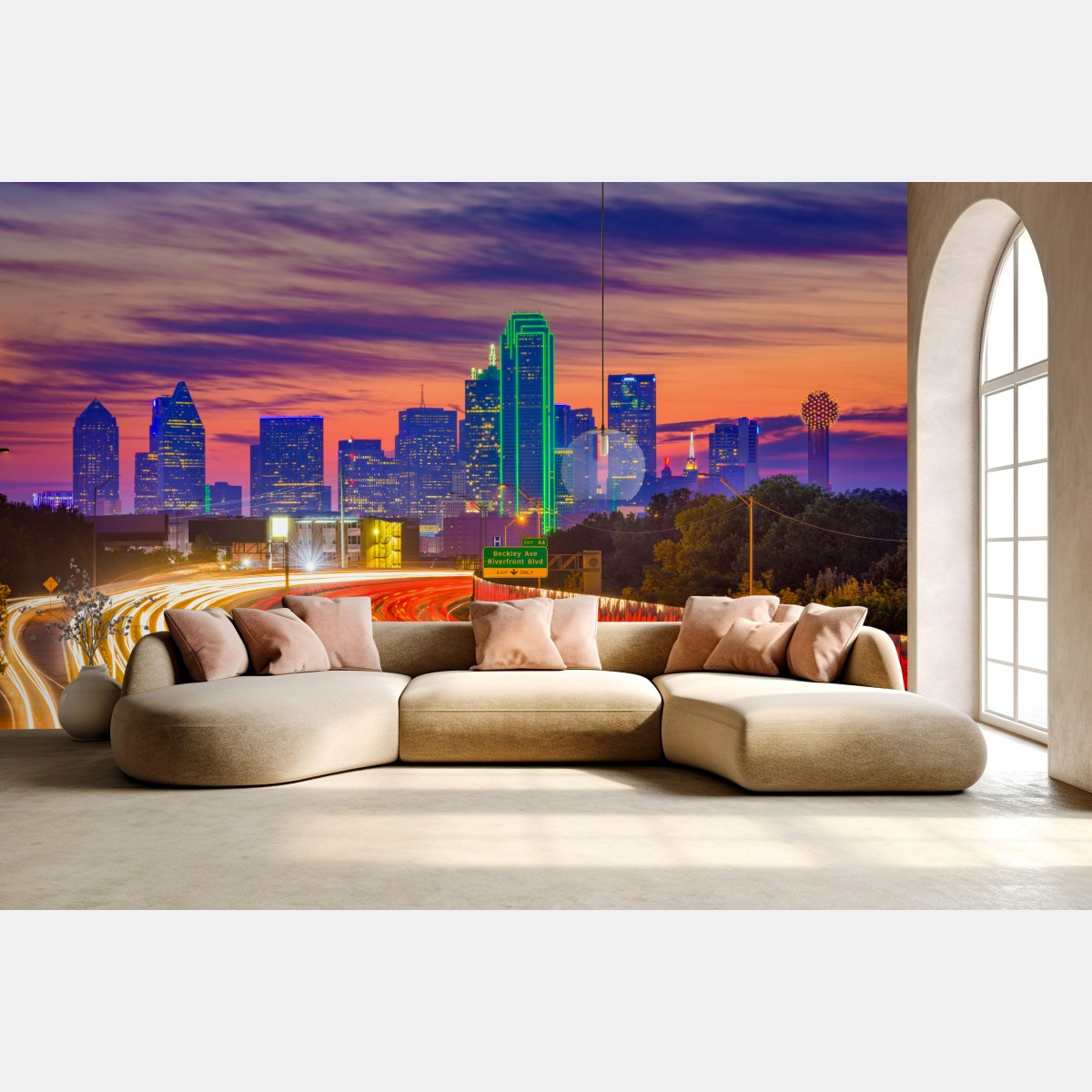 Fototapete panorama von Dallas bei sonnenuntergang mit lichtspuren auf der autobahn – Wallnifity®