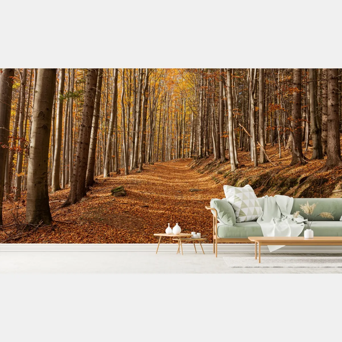 Fototapete herbstlicher waldweg mit goldenen blättern – Wallnifity®