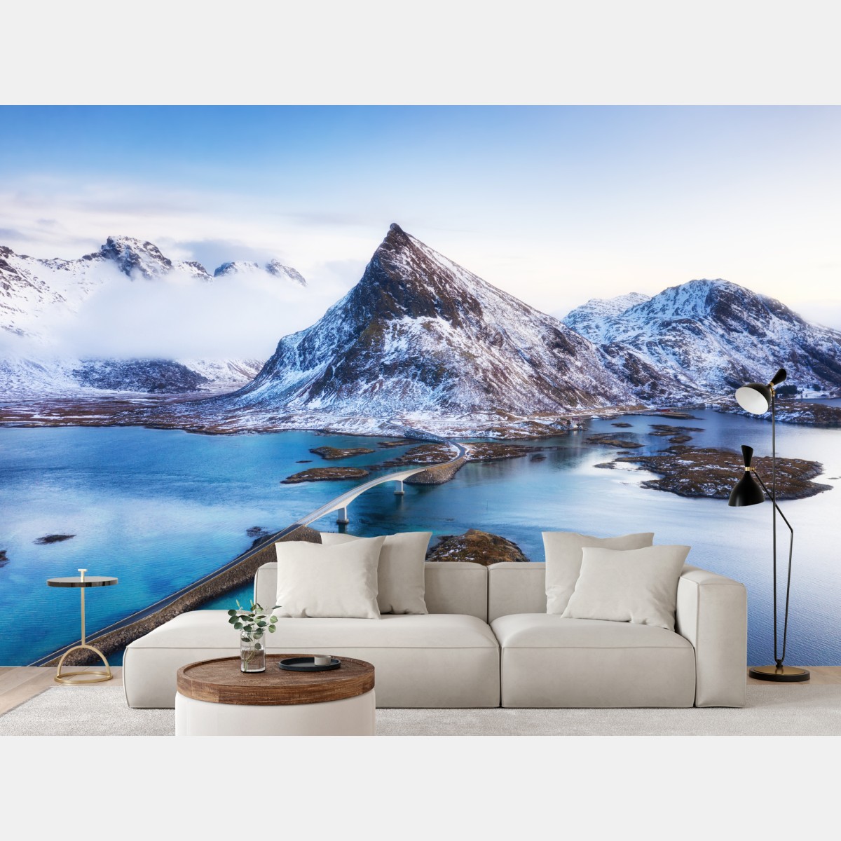 Fototapete Lofoten brücke und berg aus der luft – Wallnifity®