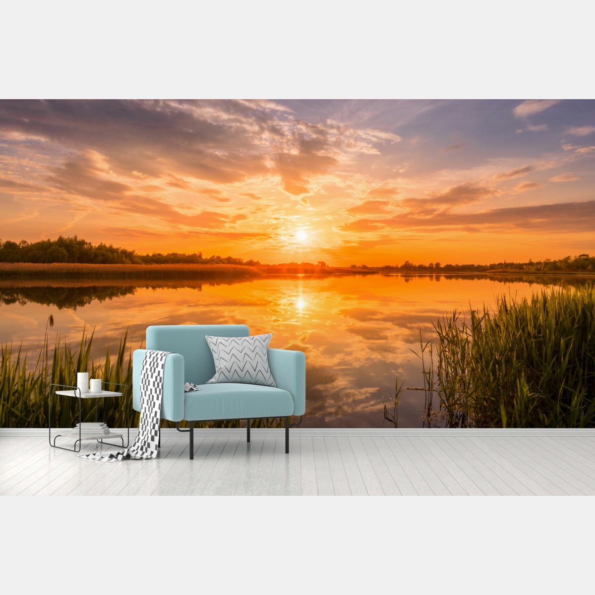 Fototapete goldener sonnenuntergang über idyllischem see – Wallnifity®