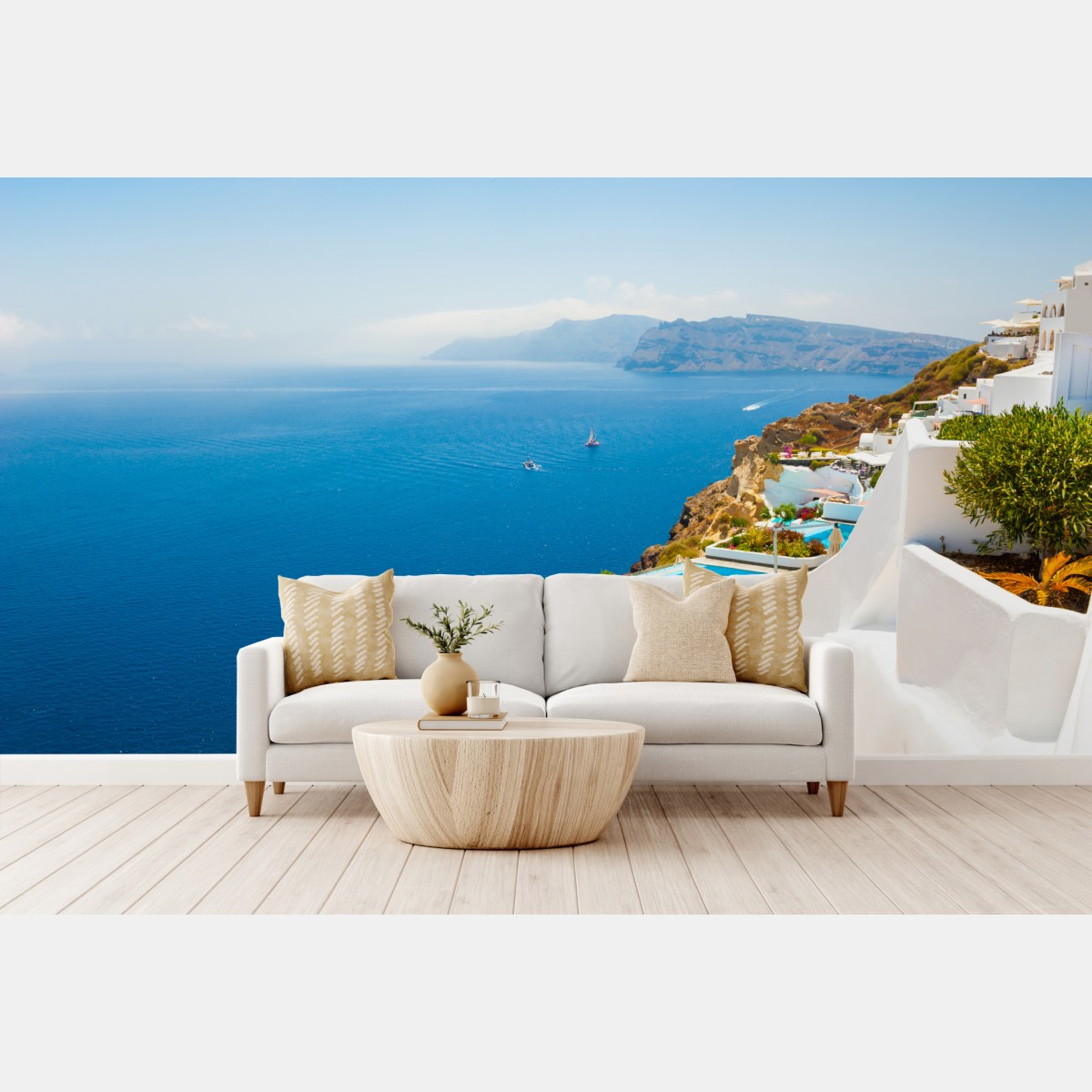 Fototapete Santorini küstenblick mit weißer architektur – Wallnifity®