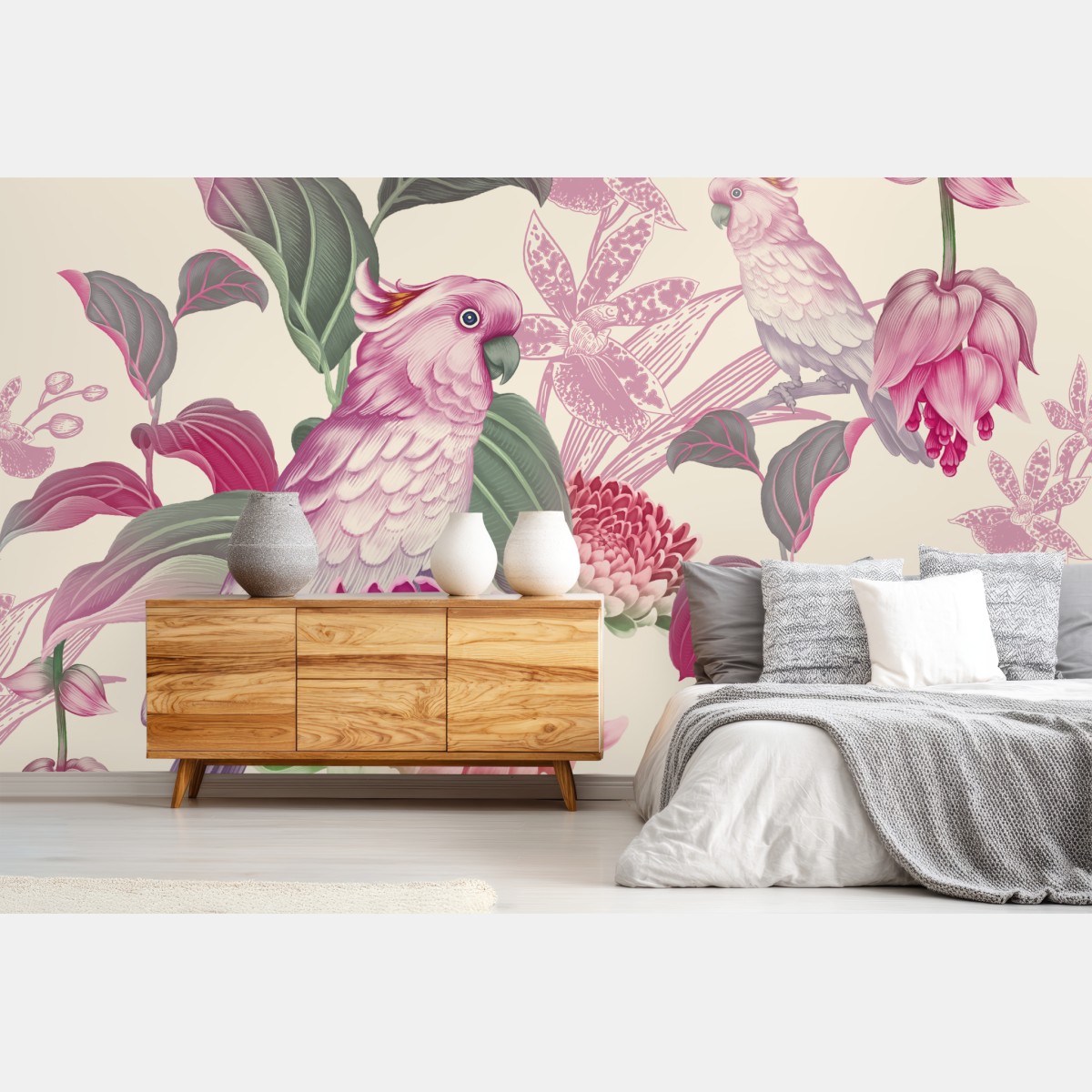 Fototapete rosa papagei und chrysantheme - botanisches motiv – Wallnifity®