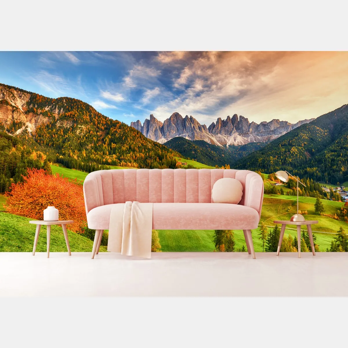 Fototapete herbstlicher sonnenuntergang über Santa Maddalena, Dolomiten – Wallnifity®