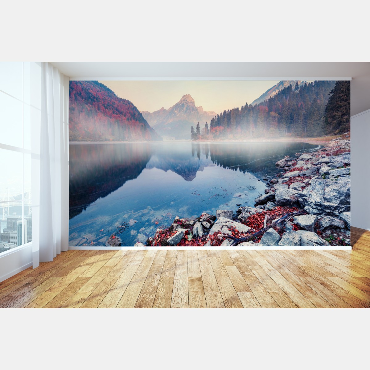 Fototapete nebliger herbstmorgen am Obersee, Schweizer Alpen – Wallnifity®