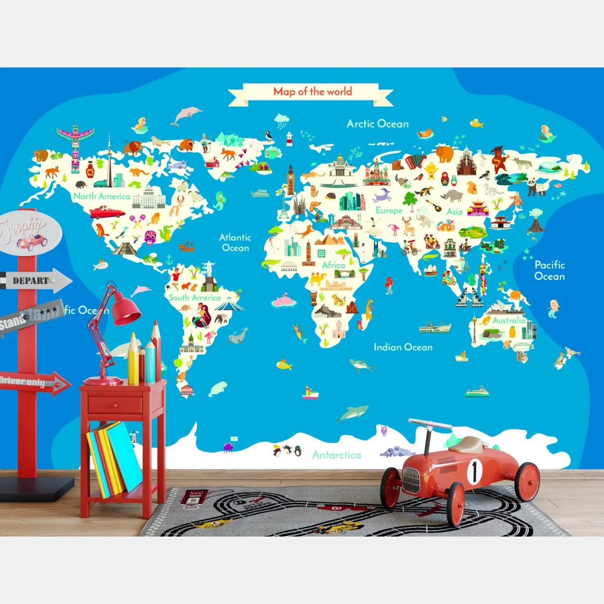 Fototapete bunte illustrierte weltkarte für kinder – Wallnifity®