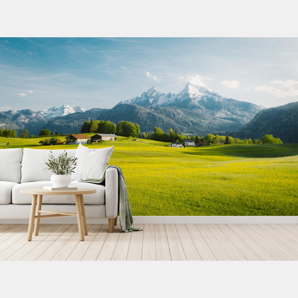 Fototapete alpwiese unter schneebedeckten gipfeln – Wallnifity®