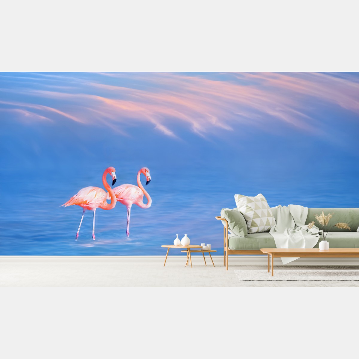 Fototapete rosa flamingos auf pastellfarbenem wasser – Wallnifity®