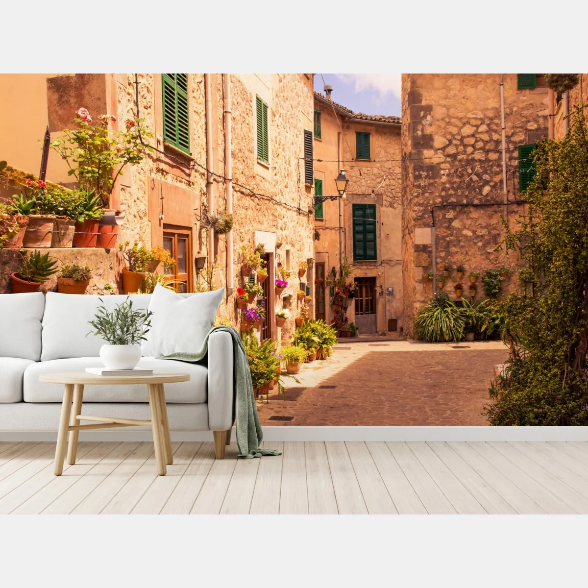 Fototapete sonnige mediterrane gasse mit blumentöpfen – Wallnifity®