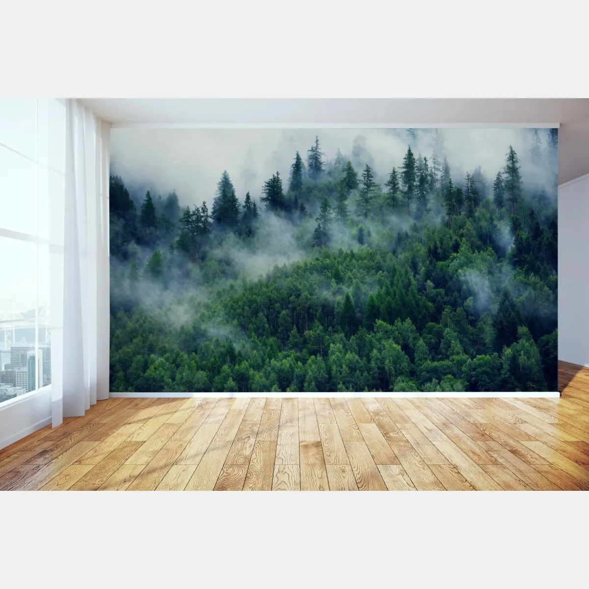 Fototapete nebliger grüner wald – Wallnifity®