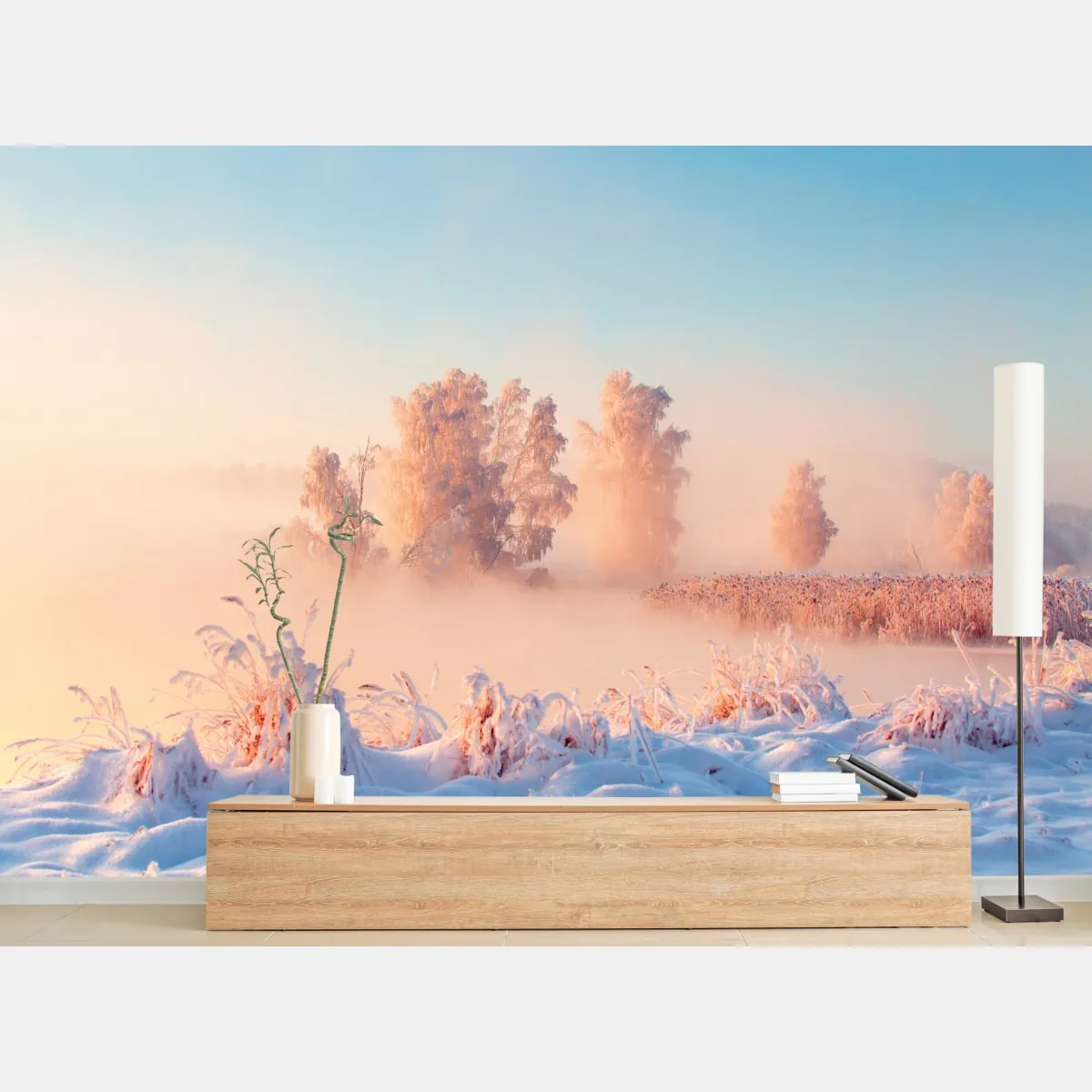 Fototapete winterlicher sonnenaufgang über einer frostigen wiese – Wallnifity®