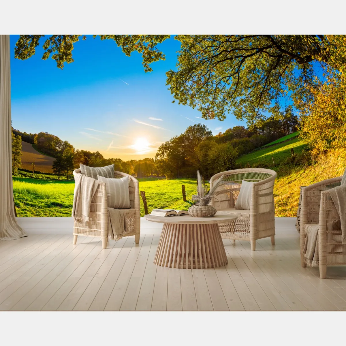 Fototapete sonnenbeschienene wiese mit landweg bei sonnenuntergang – Wallnifity®