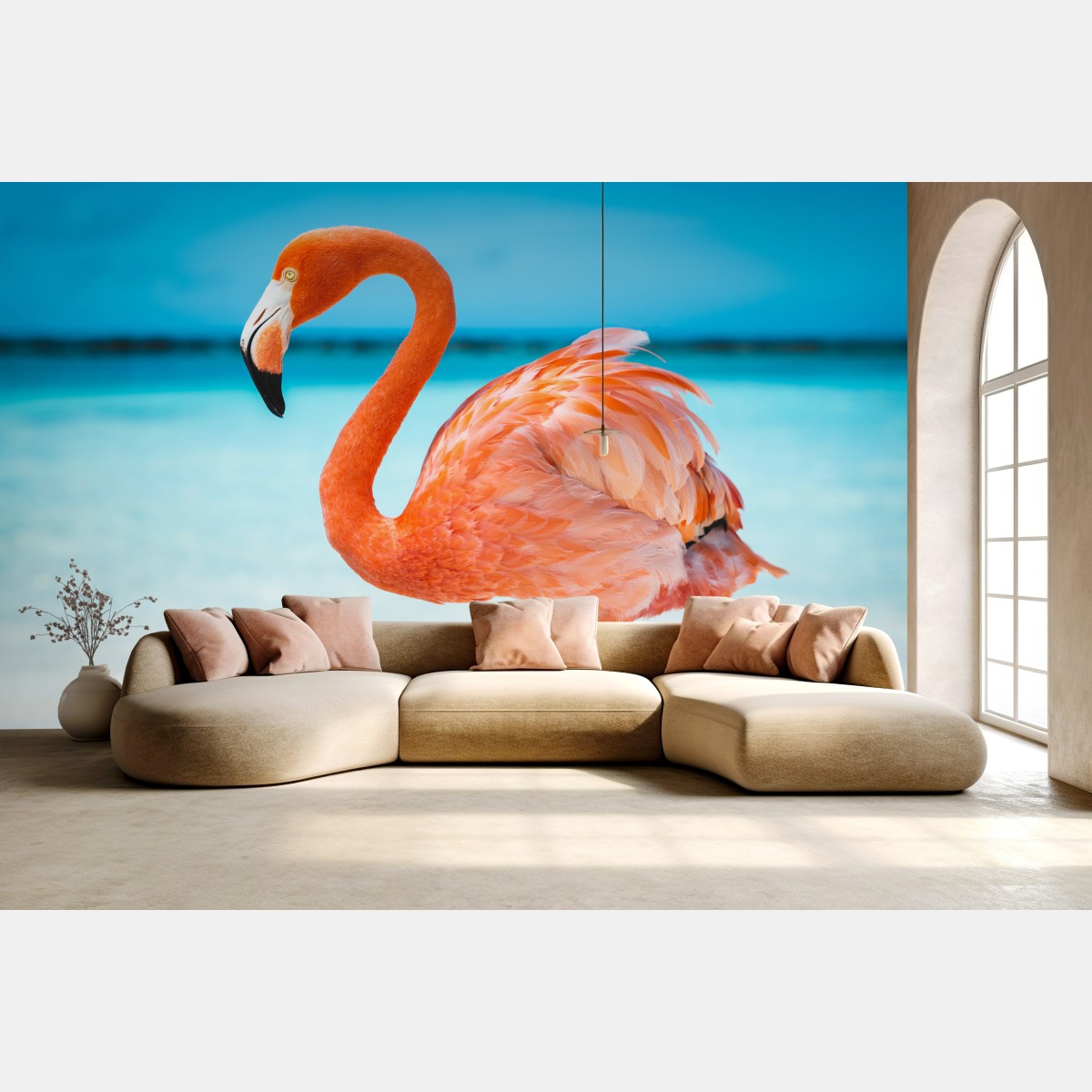 Fototapete leuchtender rosa flamingo am türkisfarbenen strand – Wallnifity®