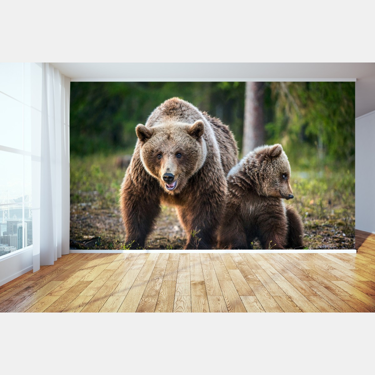 Fototapete braunbär mit jungem im wald – Wallnifity®