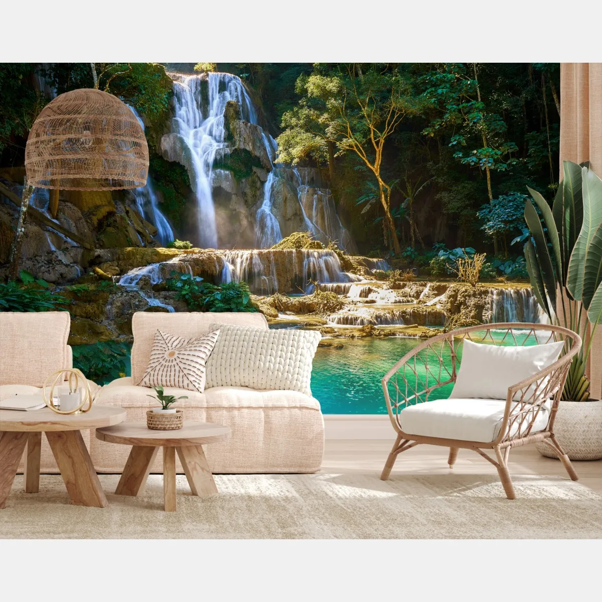 Fototapete türkisfarbener wasserfall im üppigen wald – Wallnifity®