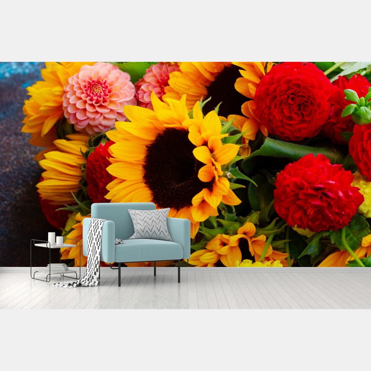 Fototapete nahaufnahme sonnenblumen- und dahlienstrauß – Wallnifity®