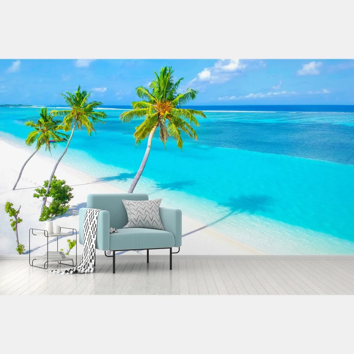 Fototapete tropischer türkisfarbener strand mit palmen – Wallnifity®