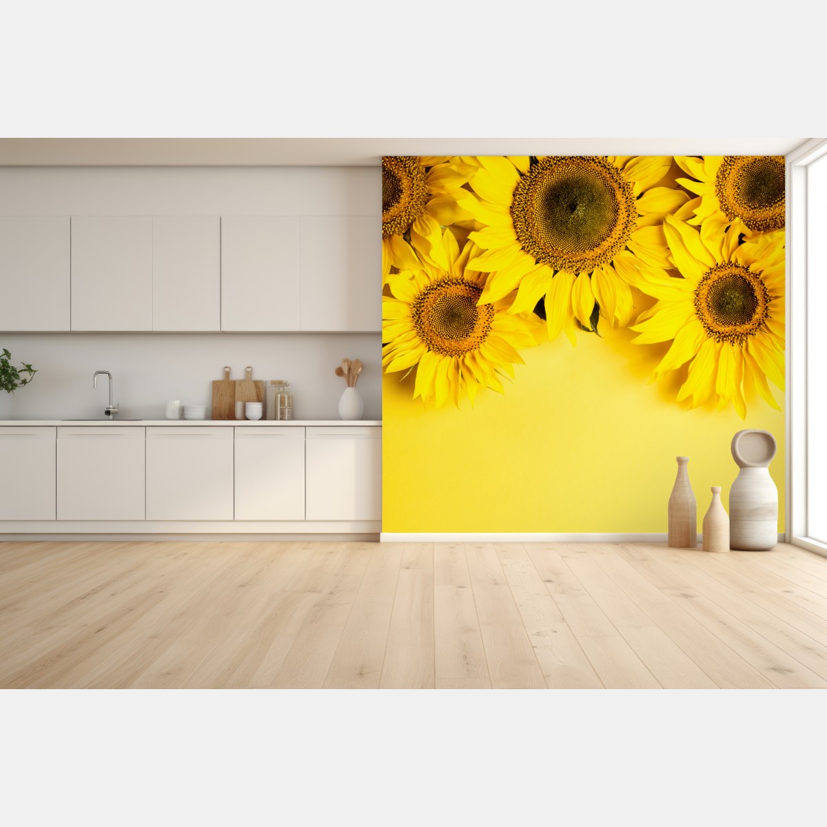 Fototapete leuchtender sonnenblumenstrauß auf gelbem hintergrund – Wallnifity®