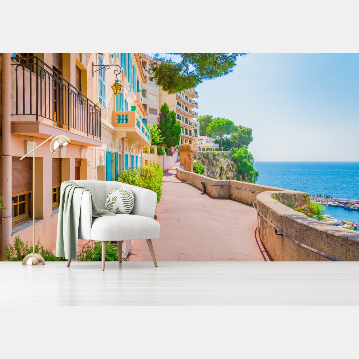 Fototapete mediterrane promenade mit pastellfarbenen häusern – Wallnifity®