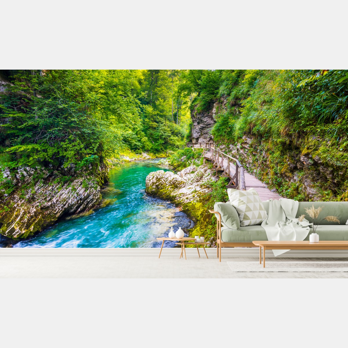 Fototapete türkisfarbener fluss und holzsteg im wald – Wallnifity®