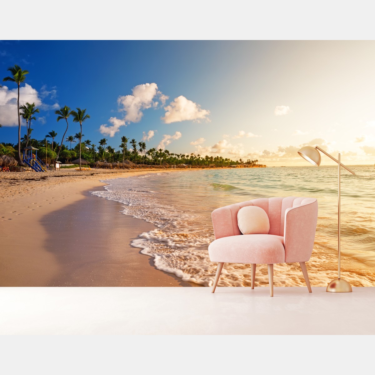 Fototapete tropischer sonnenuntergang am strand mit palmensilhouetten – Wallnifity®