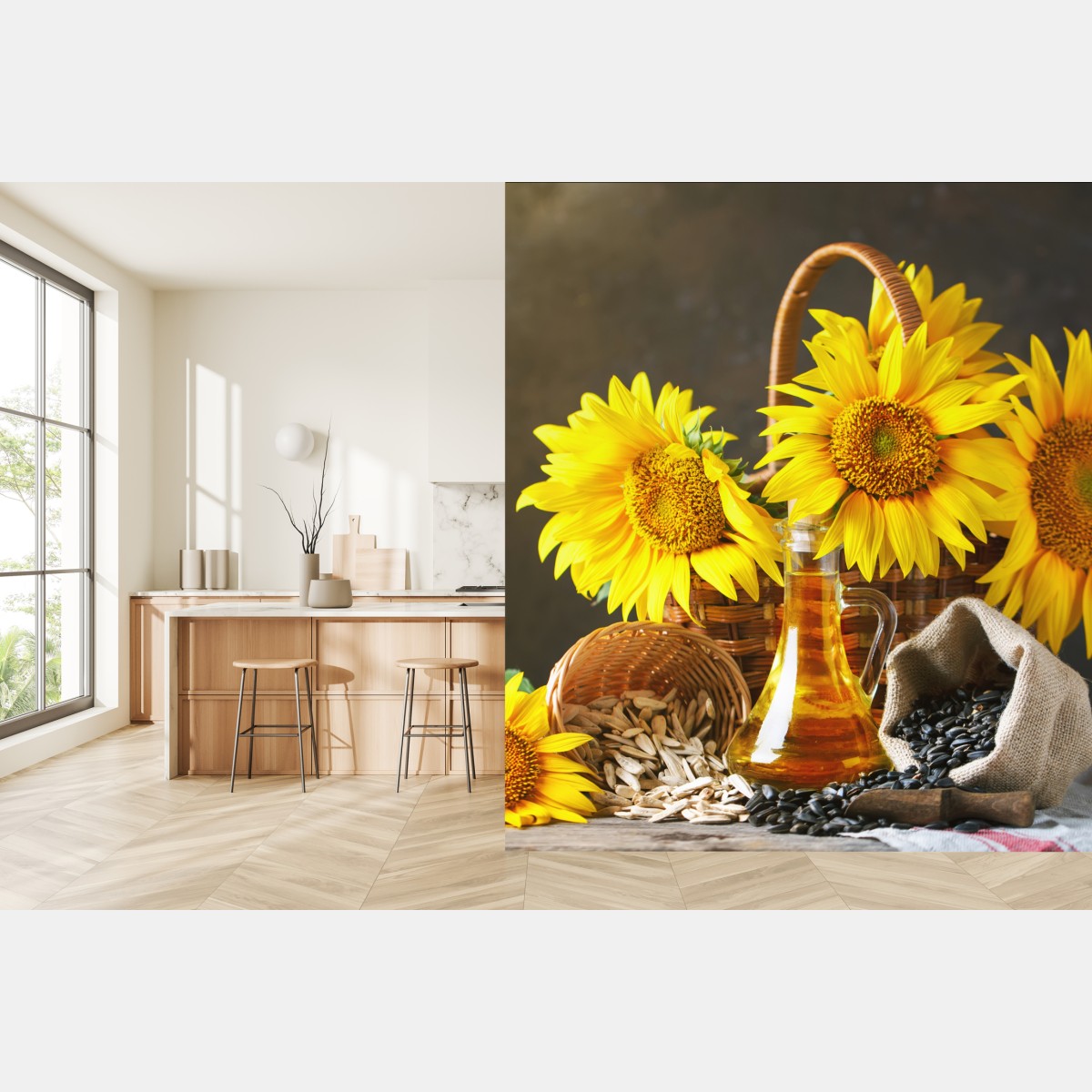 Fototapete leuchtendes stillleben mit sonnenblumen, kernen und öl – Wallnifity®