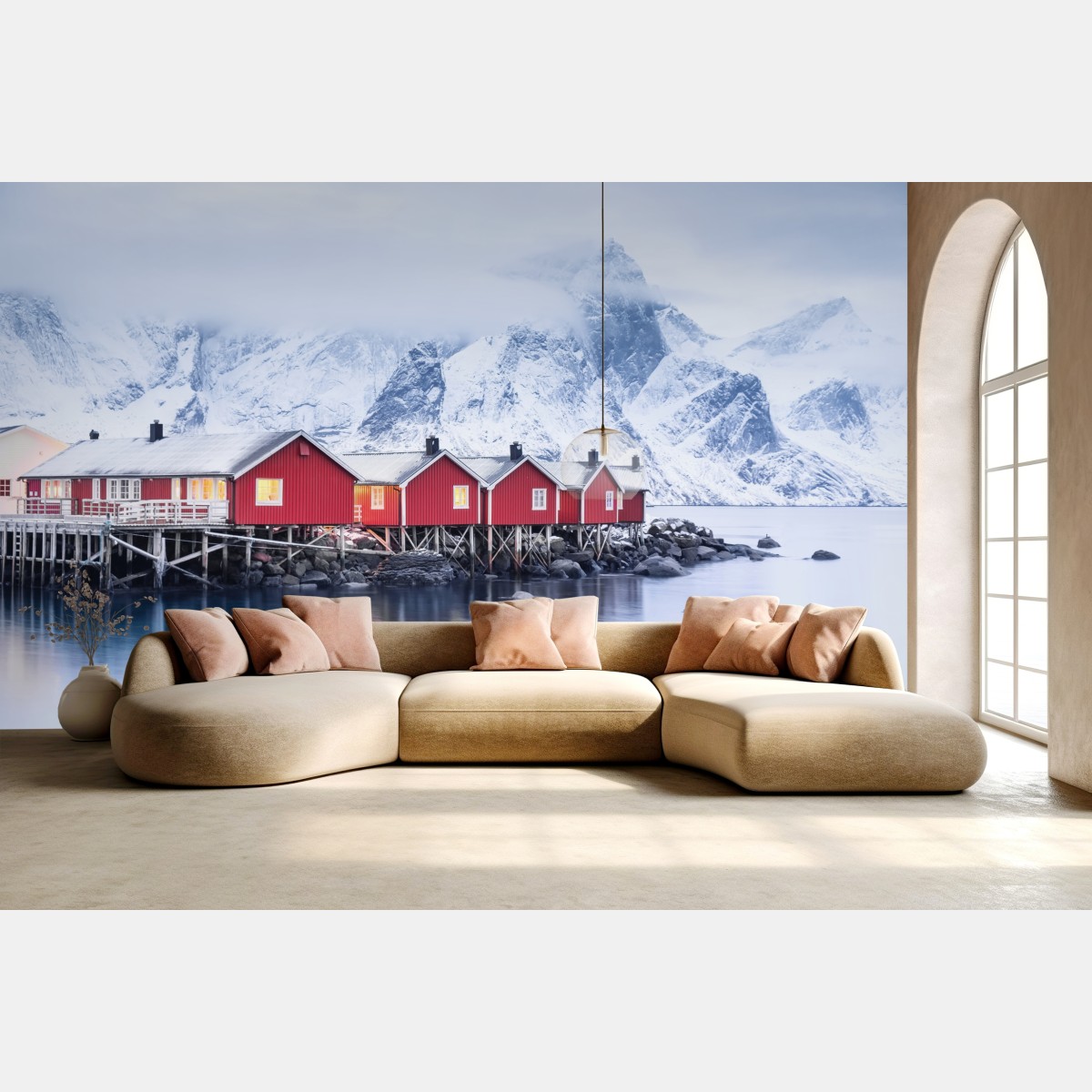 Fototapete sonnenaufgang über den roten hütten der Lofoten – Wallnifity®