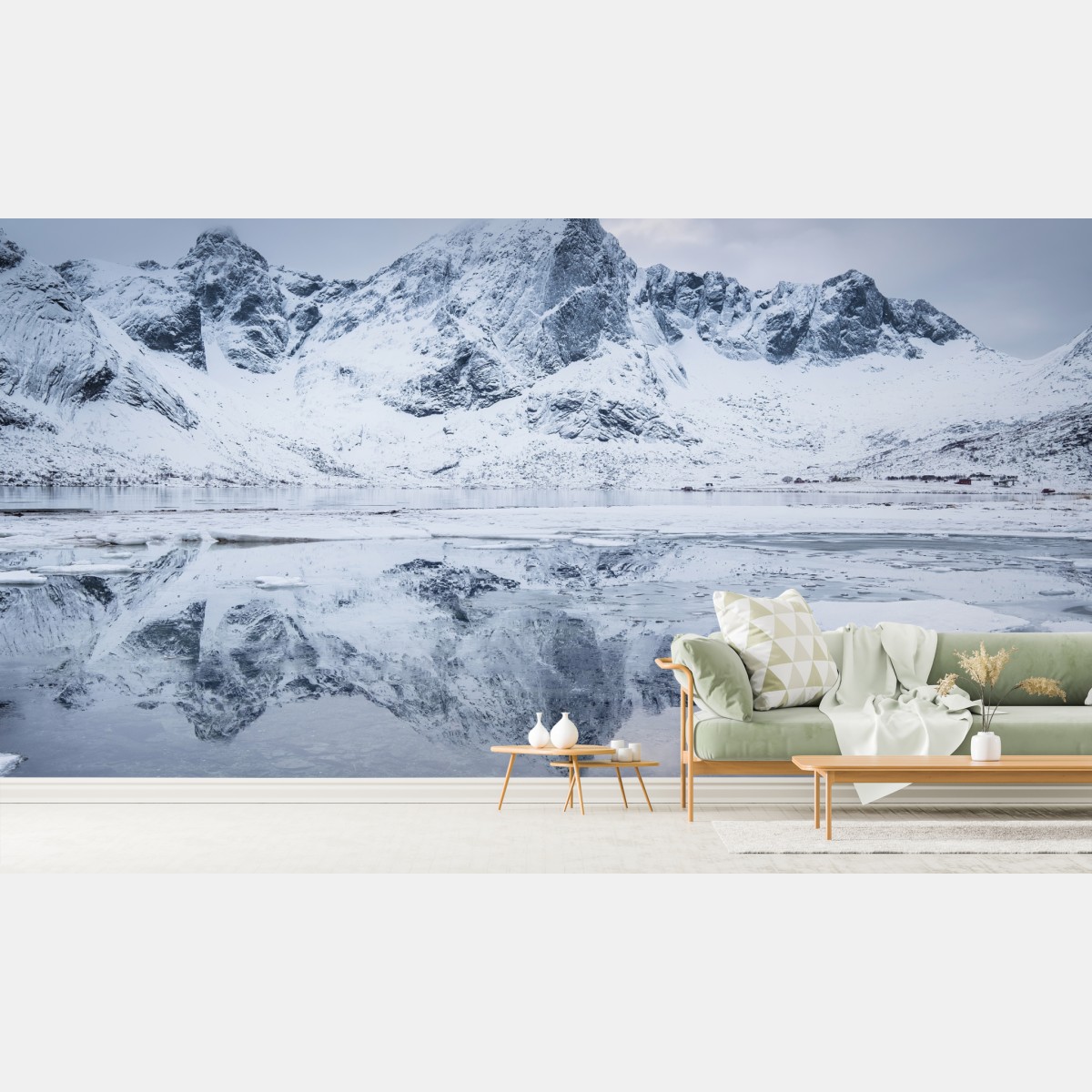 Fototapete verschneite bergspiegelung in Norwegen – Wallnifity®