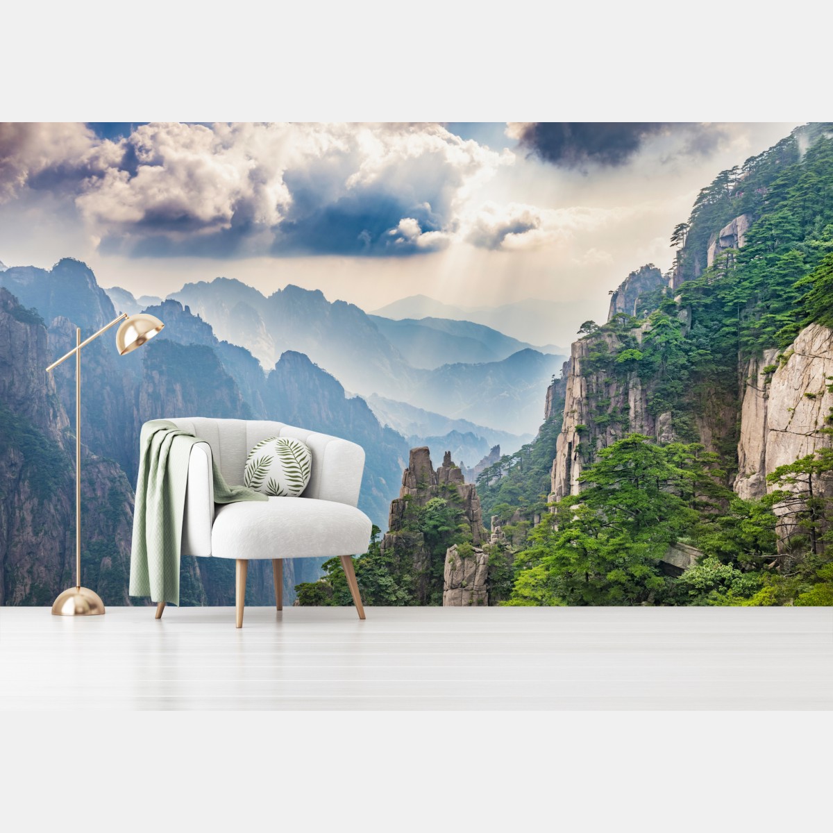 Fototapete neblige bergklippen mit sonnenstrahlen – Wallnifity®