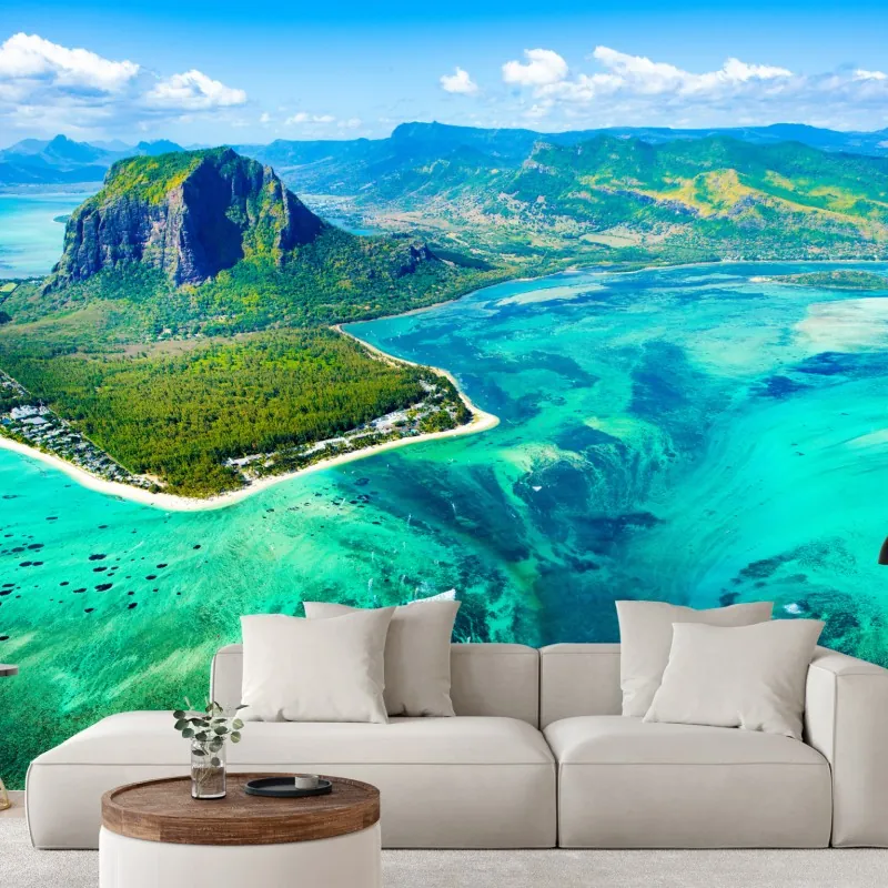 Fototapete türkisfarbene lagune aus der luft, Mauritius