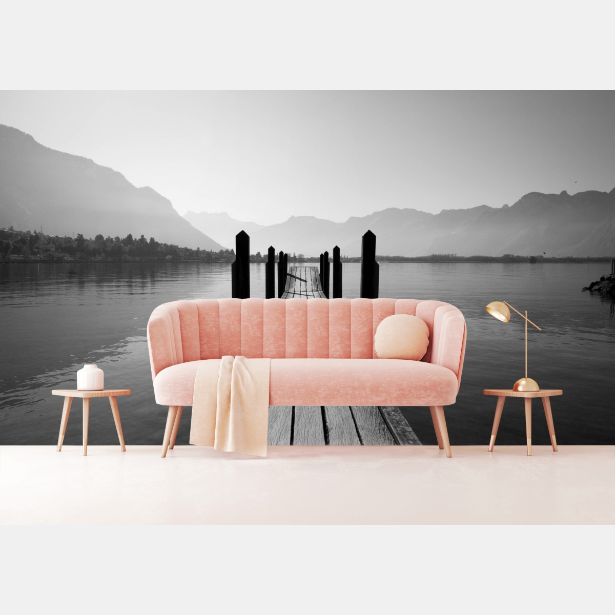 Fototapete ruhiger steg am see in schwarzweiß – Wallnifity®