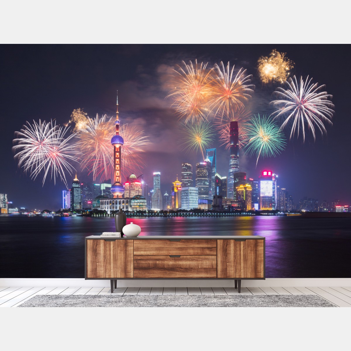 Fototapete Shanghai skyline mit feuerwerk über dem Huangpu – Wallnifity®
