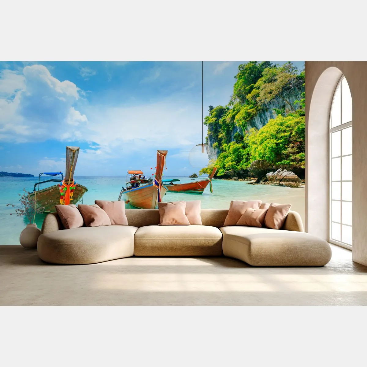 Fototapete longtail-boote am türkisfarbenen strand von Phuket – Wallnifity®