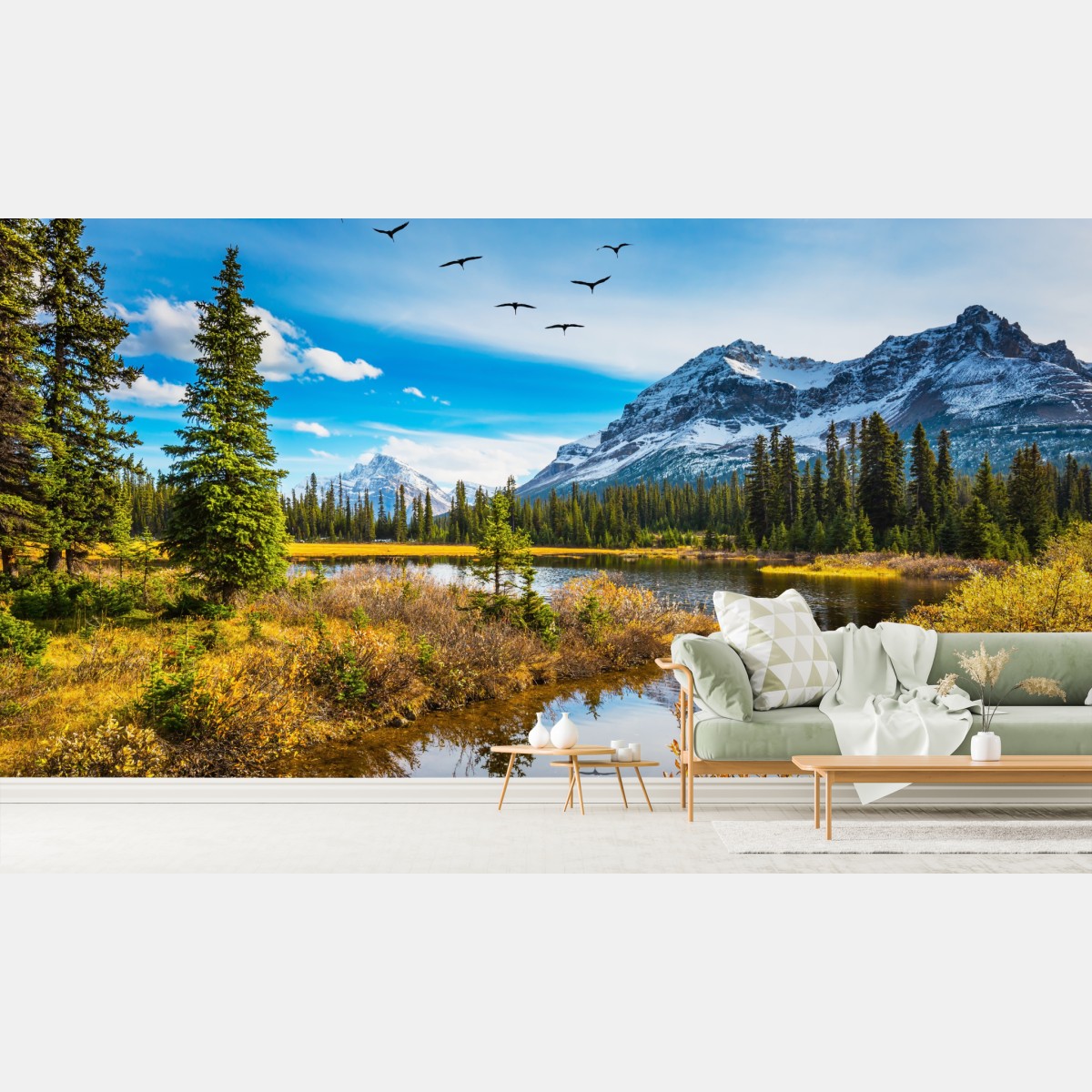 Fototapete herbstlicher bergsee mit vögeln – Wallnifity®