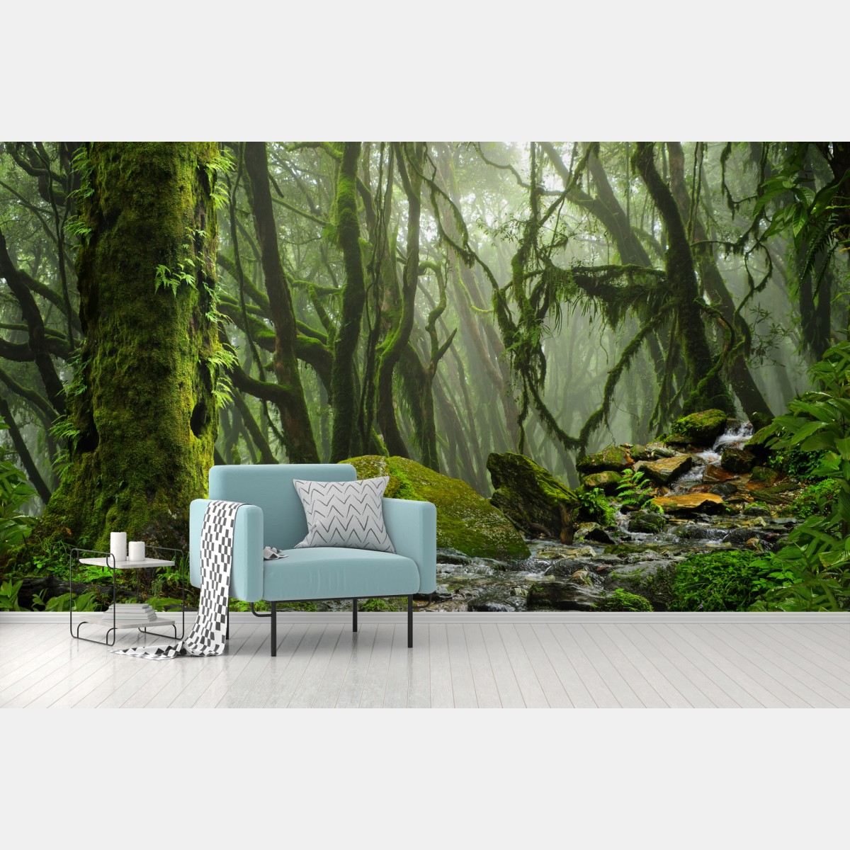 Fototapete moosiger wald mit bach im nebel – Wallnifity®
