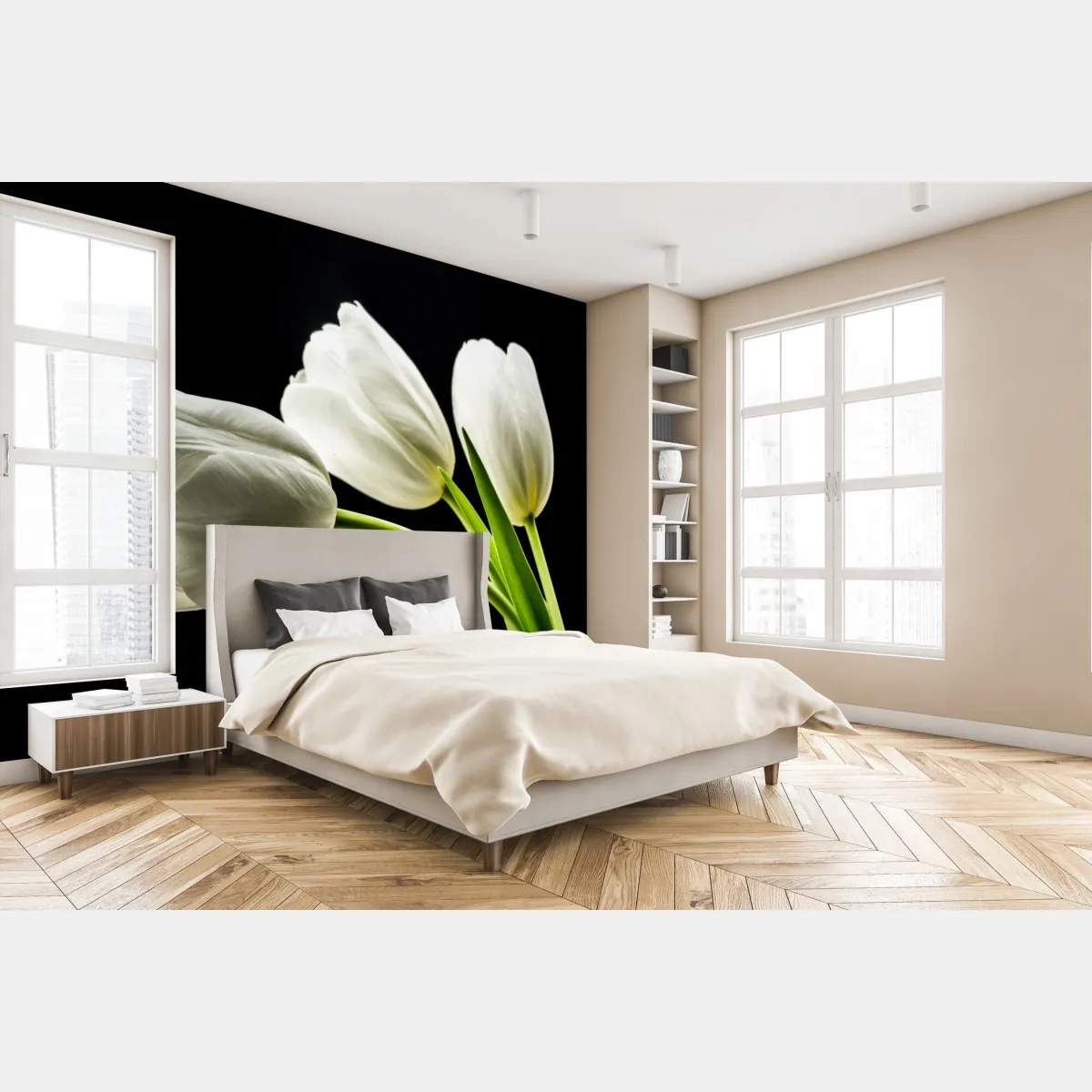 Fototapete elegante weiße tulpen vor schwarzem hintergrund – Wallnifity®