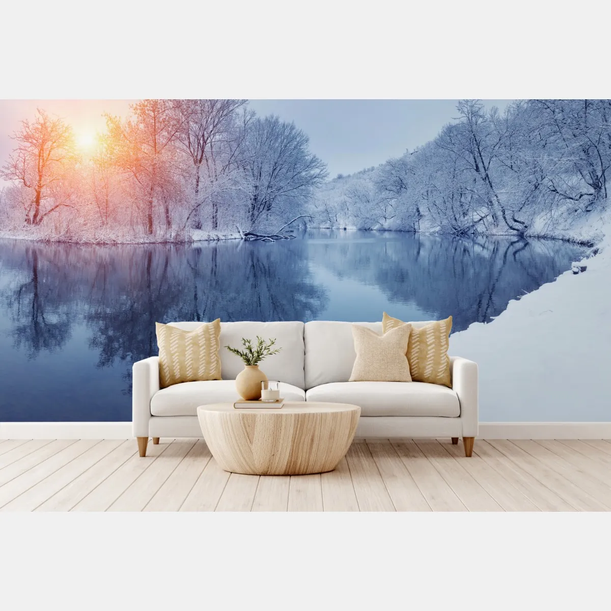 Fototapete winterliche flusslandschaft bei sonnenuntergang – Wallnifity®
