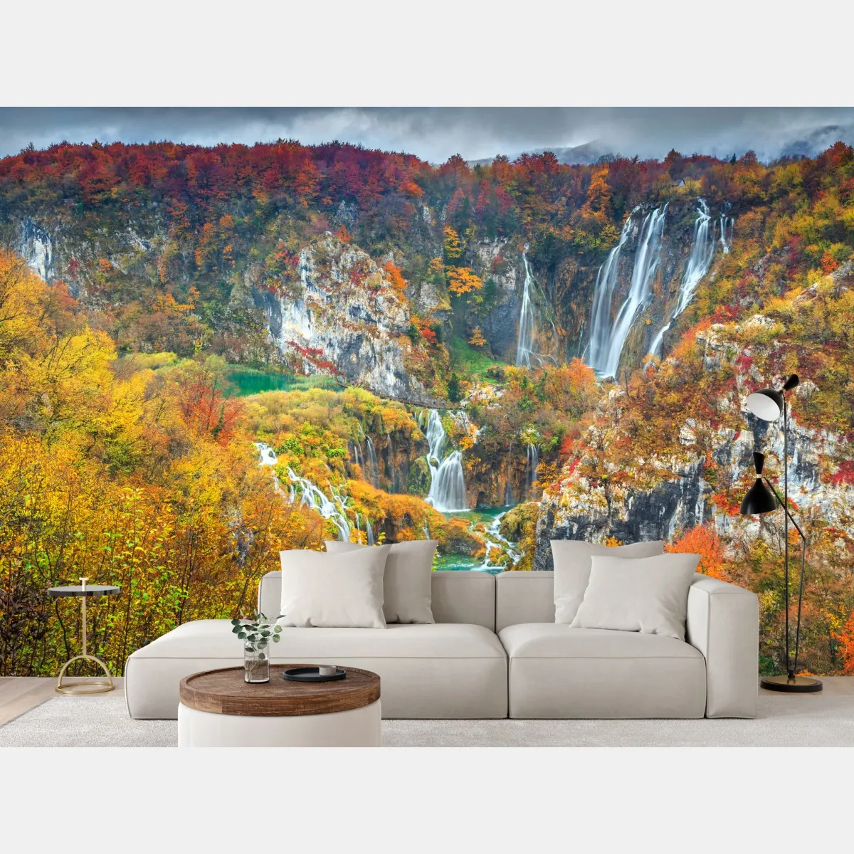 Fototapete herbstliche wasserfälle in einem farbenfrohen wald – Wallnifity®