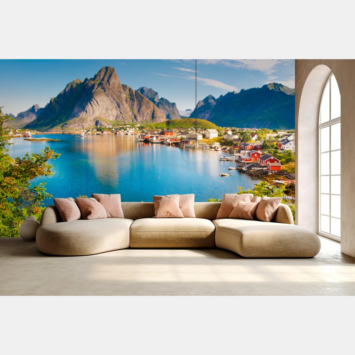 Fototapete ruhiges fjorddorf mit bergen und spiegelungen – Wallnifity®