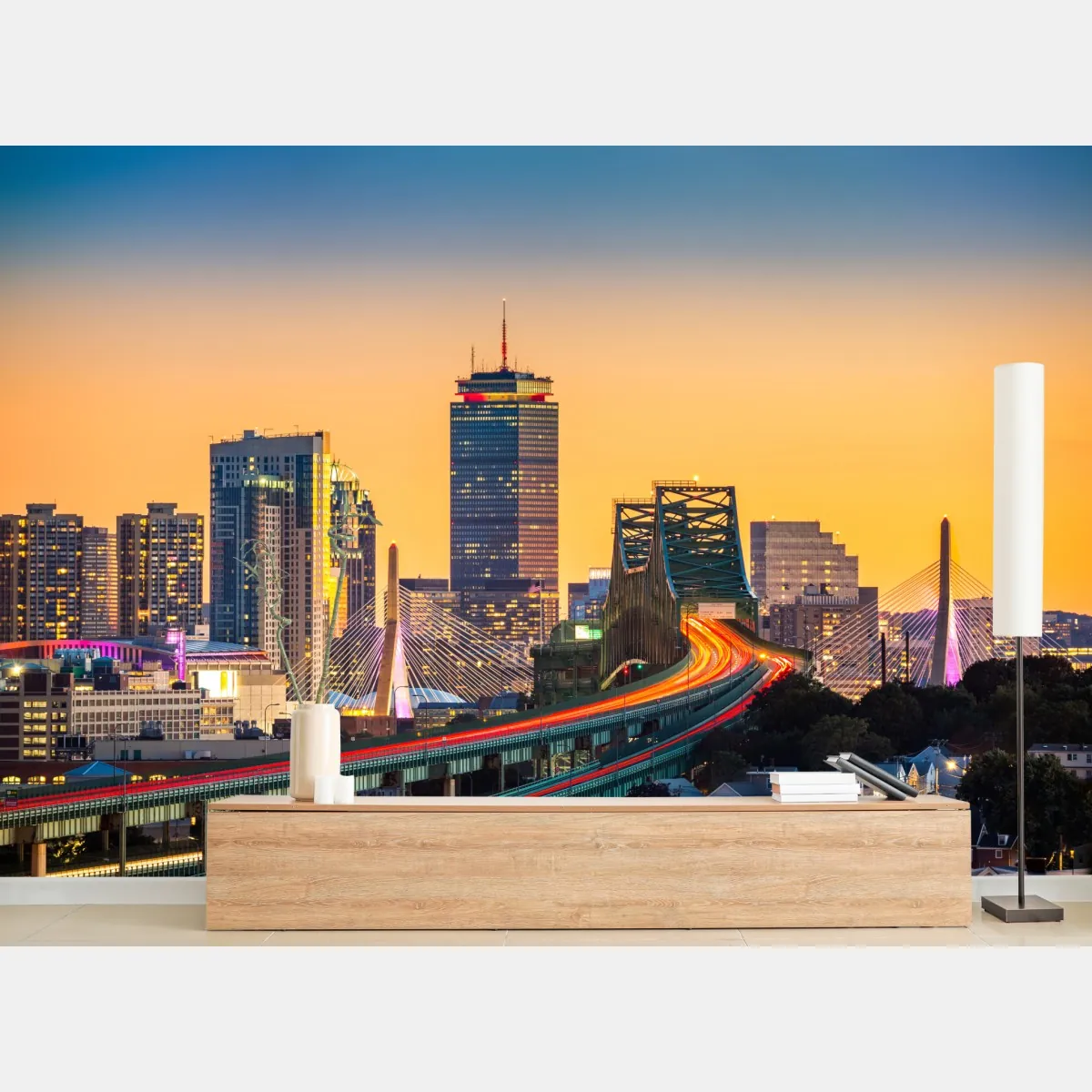 Fototapete panorama von Boston bei sonnenuntergang mit Zakim und Tobin brücken – Wallnifity®