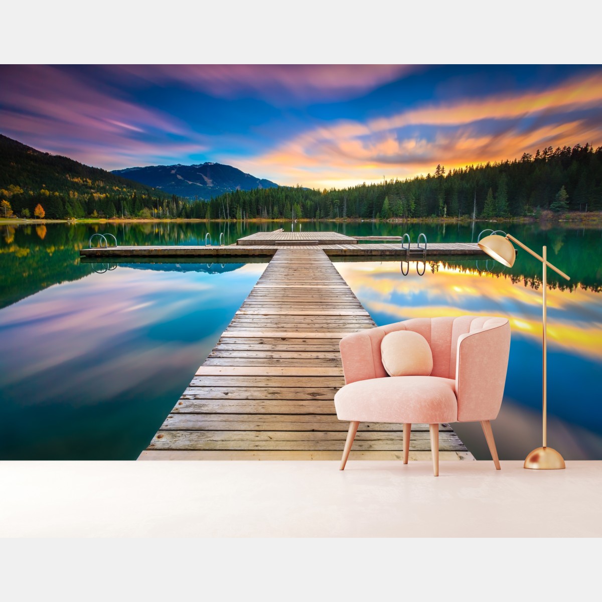 Fototapete ruhiger bergsee im sonnenuntergang – Wallnifity®